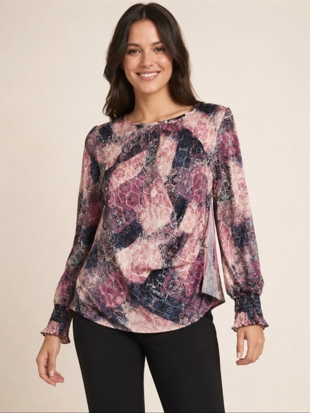 INC Medium Pink Paisley Abstract Print Draped Long Sleeve Blouse
